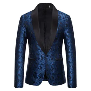 Men's blue paisley tuxedo blazer with black satin shawl lapel stylish formal dinner jacket.