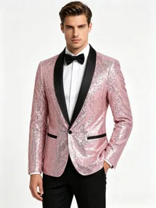 Men's pink sequin blazer detail, black shawl lapel party suit jacket for dance performance.