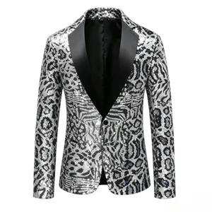 Detailed view of the men's sequin leopard print blazer featuring contrasting black lapels.