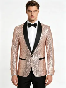 Detailed view of men's sparkling sequin blazer with black shawl lapel for party and dance wear.