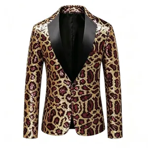 Men's stylish leopard sequin blazer, black lapel single button stage performance jacket.
