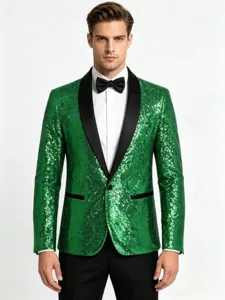 Mens green sequin blazer jacket with black shawl lapel for party prom stage show.