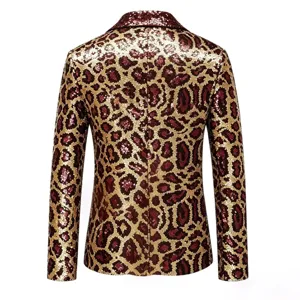 Detailed view of the back of a men's sequin blazer with a bold leopard print design.
