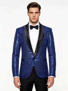 Men's stylish royal blue sequin blazer with black shawl lapel for party and stage wear.