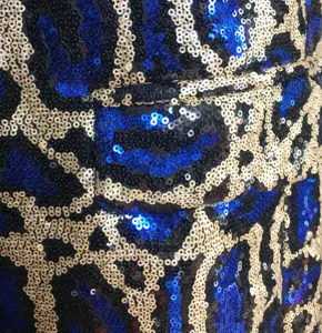 Close-up of men's sequin leopard print blazer fabric with blue, black, and gold sparkling details.