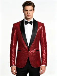 Close-up view of the men's red sequin blazer jacket featuring a classic black shawl lapel.