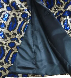 Mens sequin leopard print blazer jacket detail close up stylish stage performance costume outerwear