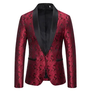 Men's red paisley jacquard blazer with black shawl lapel, elegant formal suit jacket.