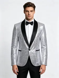 Close-up shot of the silver sequin tuxedo jacket showcasing the black shawl lapel design.