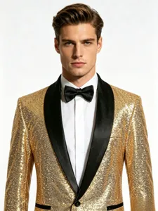 Men's gold sequin blazer tuxedo jacket with black shawl lapel for party or stage performance.
