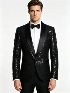Men's black sequin tuxedo jacket with satin shawl lapel, perfect for parties and formal events.