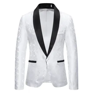 Men's stylish white paisley blazer jacket with black shawl lapel single button suit top