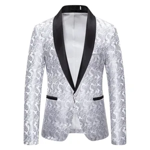 Detailed view of mens fashion shawl lapel floral jacquard suit jacket in white and black.