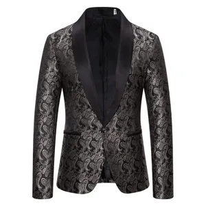 Mens paisley jacquard blazer slim fit dinner party tuxedo jacket with satin shawl lapel.
