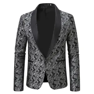 Men's fashion paisley jacquard blazer black silver shawl lapel single button suit jacket