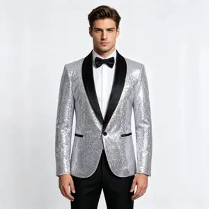 Men's Silver Sequin Suit Jacket Party Prom Blazer with Black Shawl Lapel for Men