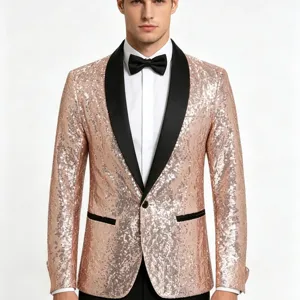 Men's rose gold sequin tuxedo jacket with black shawl lapel for party and stage performance.