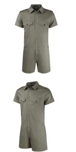 Men's summer army green short sleeve utility jumpsuit slim fit casual rompers shorts