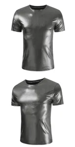 Camiseta hombre metalizada brillante manga corta cuello redondo verano top gris