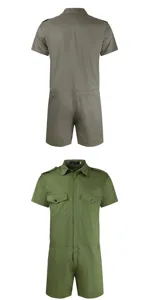 Detailed view of men's army green short sleeve utility romper showing collar and pocket details.