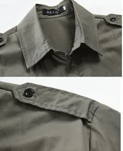 Close-up detail of men's tactical shirt collar and shoulder epaulet, military green style.