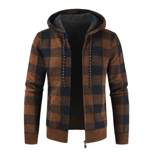 Men's winter plaid knitted zip hoodie, thick fleece lined cardigan sweater detail.