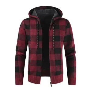 Men's Winter Fleece Lined Thickened Cardigan Sweater Hooded Casual Plaid Knit Coat Thermal Outerwear Male Clothing