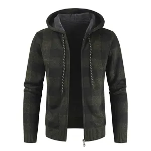 Men's fleece lined knitted plaid zipper hoodie sweater jacket winter warm outerwear