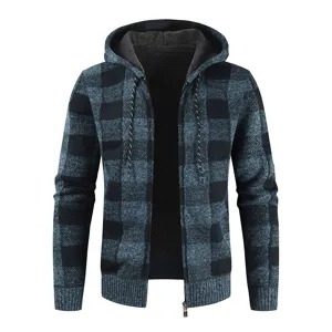 Men's fleece lined zip up plaid knitted hoodie sweater, thick warm winter outerwear.