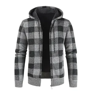Men's Fleece Lined Thermal Plaid Knitted Zip Up Hoodie Winter Thickened Cardigan Sweater