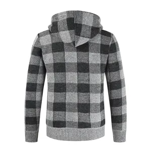 Back view close-up of men's black and grey plaid knitted hooded cardigan jacket detail.