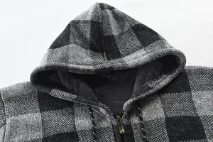 Men winter fleece lined hooded plaid knitted cardigan detail view, warm sweater jacket.