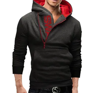 Detailed view of men's slanted zipper hoodie with contrast hood lining and stylish cuffs.