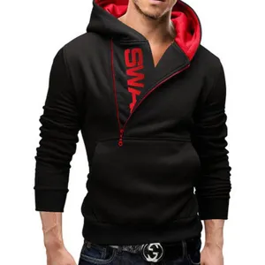Men's black and red contrast diagonal zipper hoodie sweatshirt, casual street style main view.