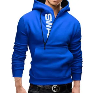 Men's royal blue stylish hoodie with diagonal front zipper and long sleeves for casual daily wear.