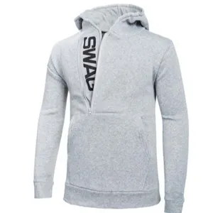 Men's Casual Half Zipper Hooded Sweatshirt Stylish Letter Print Long Sleeve Grey Hoodie