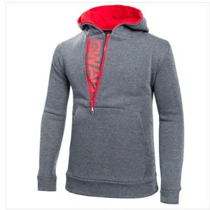 Men's stylish colorblock hoodie with asymmetric zip and hood, casual grey pullover top.