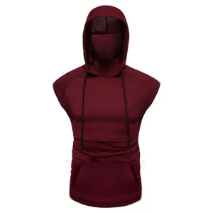 Details of men's ninja style hooded vest, sleeveless burgundy top with built-in face mask.
