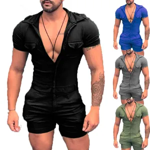 Herren einfarbig Kurzarm Reißverschluss Romper lässig slim fit Jumpsuit Shorts Set