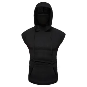 Detailed view of black sleeveless ninja hoodie with built-in mask, showing fabric texture and design.