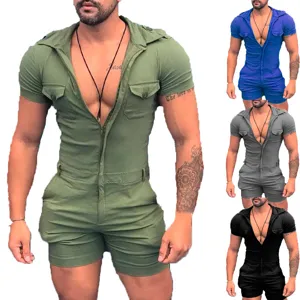 Herren Sommer Kurzarm Reissverschluss Jumpsuit Einfarbig Slim Fit Freizeit Mode Overall
