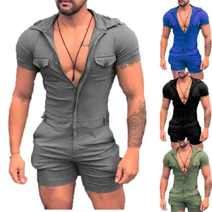Herren Kurzarm Reißverschluss Romper Einfarbig Freizeit Jumpsuit Sommer Streetwear Kleidung