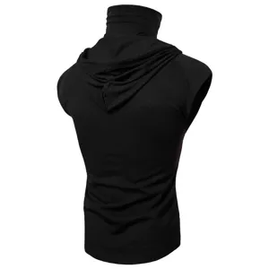 Detailed view of the black sleeveless hooded vest, unique ninja style men's summer top.