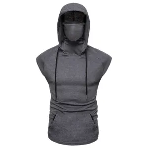 Men's ninja style sleeveless hoodie detail view, showing the built-in face mask design.