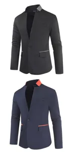Men's stylish slim fit color block single button blazer jacket product detail view.