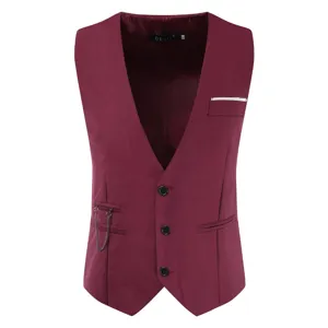 Men's Formal Business Slim Fit Suit Vest V Neck Single Breasted Waistcoat With Chain Pocket Square For Wedding Party Groom