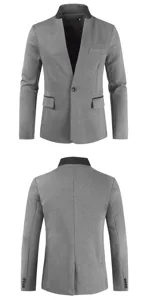 Detailed view of men's gray slim-fit casual blazer jacket featuring black contrast collar.