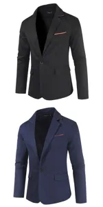 Détail de blazer décontracté slim pour homme avec revers et poche à pois contrastés.