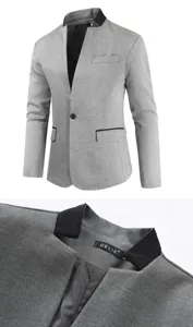Men's grey slim fit blazer jacket with black contrast stand collar and single button design.