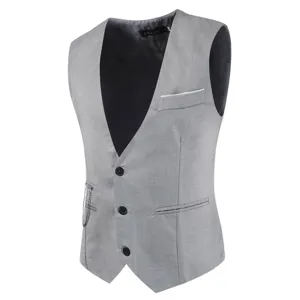 Grey men suit vest detail view, V-neck, three-button closure, pocket and chain design.